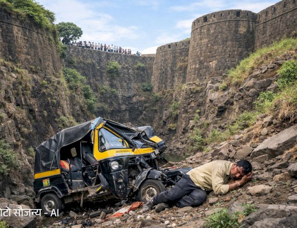 Chakan Accident | खेड तालुक्यातील चाकण येथे संग्रामदुर्ग किल्ल्याच्या खोल खंदकात रिक्षा कोसळली; चालक जखमी